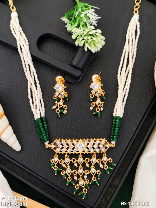 AD Beaded Necklace Set for Women in Green, photo 3 of 5