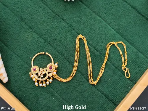 High Gold Antique Designer Nose Ring Nath with Chain
