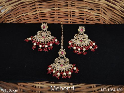 Beautiful Designer Party Wear Antique jewellery Mehendi Polish Maang Tikka Earrings 