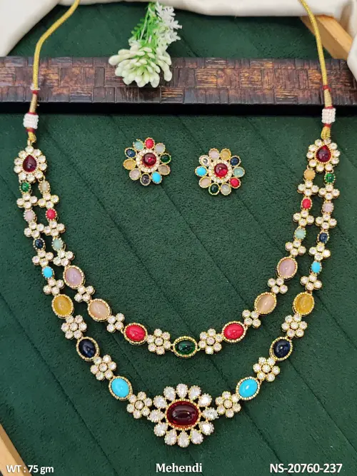 Antique Necklace Set with Earrings with Stone Work in Mehendi Finish