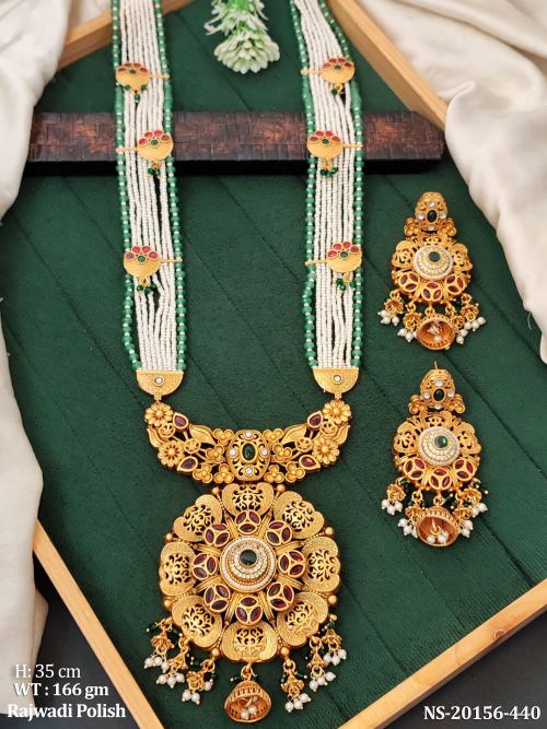 Stone-Studded Royal Necklace Set with Earrings for Women in Ruby Green, photo 2 of 4