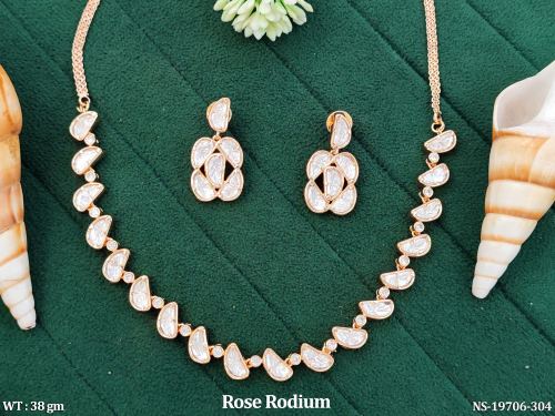 Stone-Studded Leaf Jewellery Set in Rose Finish
