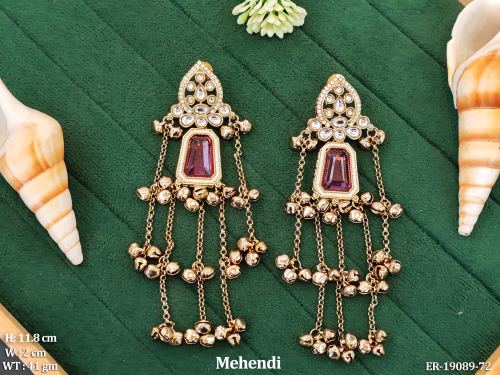 Long Stone-Studded Chain Earrings with Small Bells in Mehendi Finish in Rani, photo 6 of 12