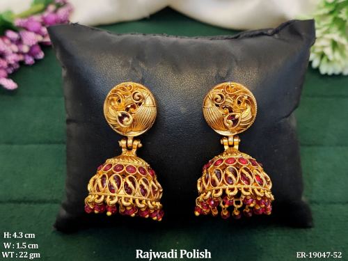 Rajwadi Finish Stone-Studded Jhumka Earrings in Ruby, photo 2 of 3