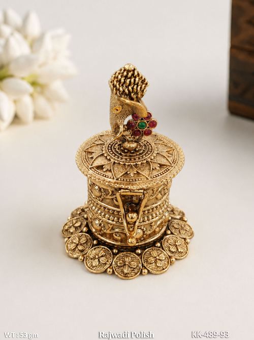 Rajwadi Gold Peacock Motif Sindoor Box with Gemstone Work