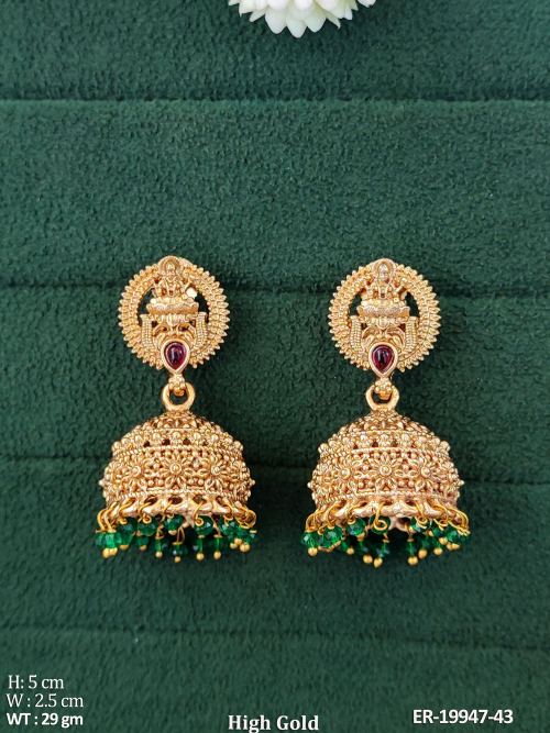 Temple Jhumkas with Stone Work in Ruby Green, photo 2 of 4