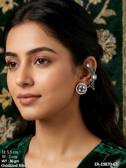 Floral Bird Ear Cuff Earrings with Stone Work Set of 3