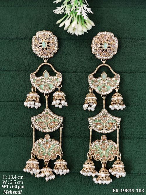 Jhumka Earrings with Pearls in Mehendi Finish in Mint Green, photo 7 of 9