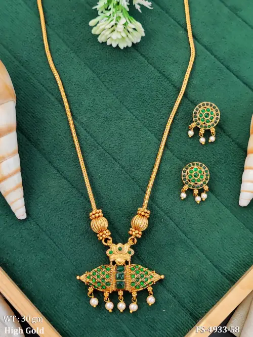 High Gold Green Stone Traditional Pendant Set with Earrings