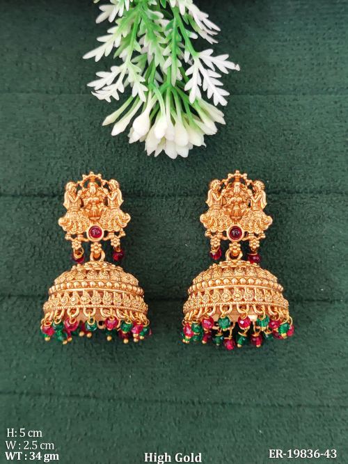 Temple Stone-Studded Jhumki Earrings in Ruby Green, photo 4 of 5