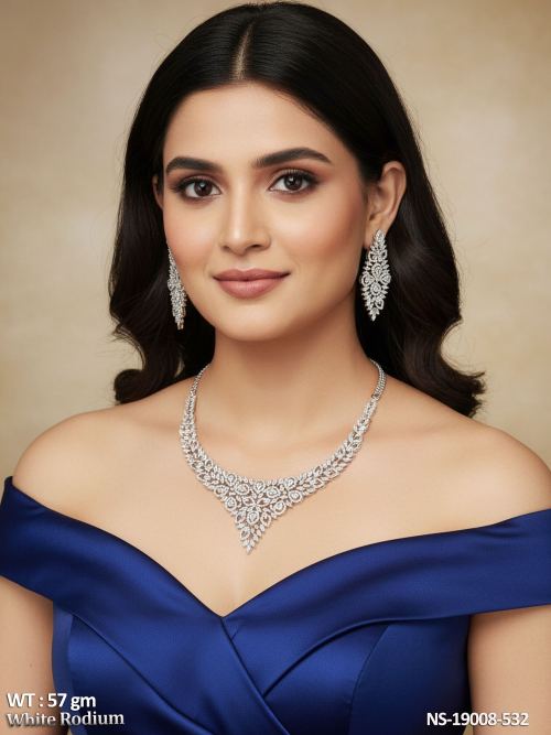 Leaf Necklace Set with American Diamond Stones in White Finish