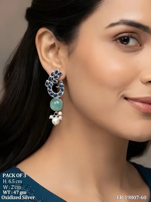 Oxidised Finish Stone-Studded Earrings Set of 3