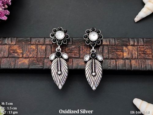 Party Wear Leaf Drop Earrings in Oxidised Finish in Black, photo 2 of 7