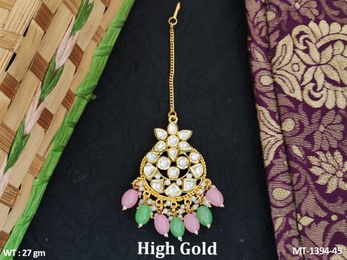 Classic Party Wear Kundan Maang Tikka with Pearls in Mint Green Pink, photo 6 of 6