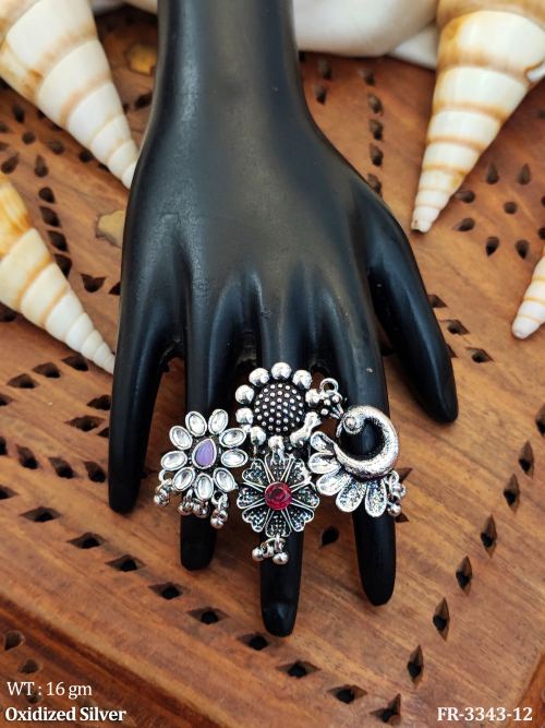 Stone-Studded Floral Finger Ring in Oxidised Finish in Ruby Purple, photo 2 of 2