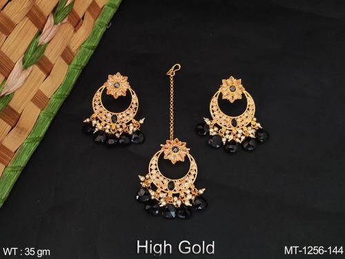 High Gold Polish Antique Jewellery Fancy Design Party wear Maang Tikka with Earring