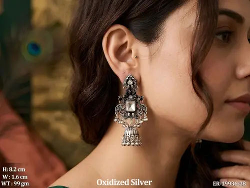 Stone-Studded Jhumka Earrings in Oxidised Finish Set of 3