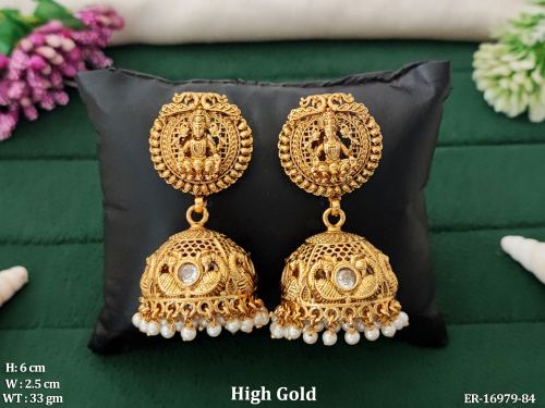 Stone-Studded Temple Jhumka Earrings for Women in Pearl, photo 2 of 5