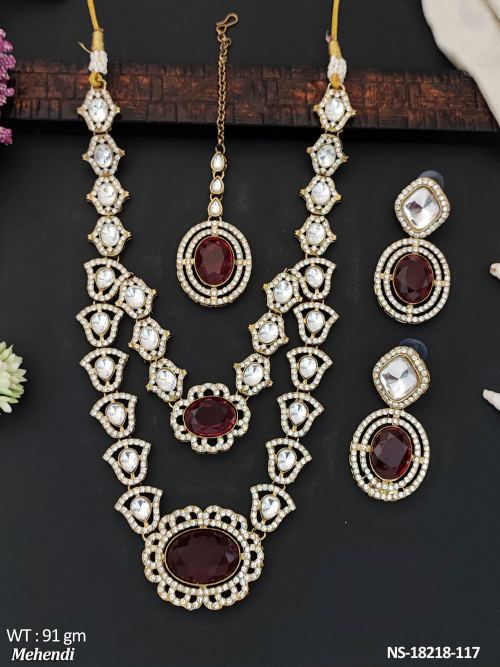 Antique Stone-Studded Necklace Set in Mehendi Finish in Ruby, photo 2 of 3