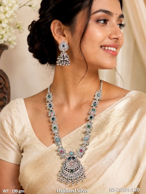 Traditional Long Necklace Sets in Oxidised Finish for Women
