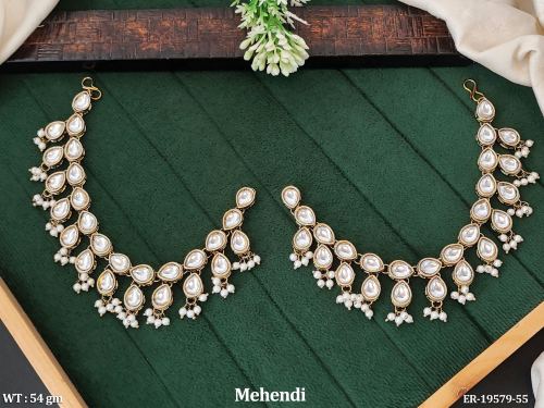 White Antique Kaan Chain Earrings with Stone Work