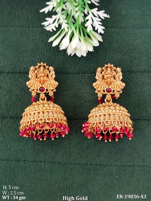 Temple Stone-Studded Jhumki Earrings in Ruby, photo 2 of 5