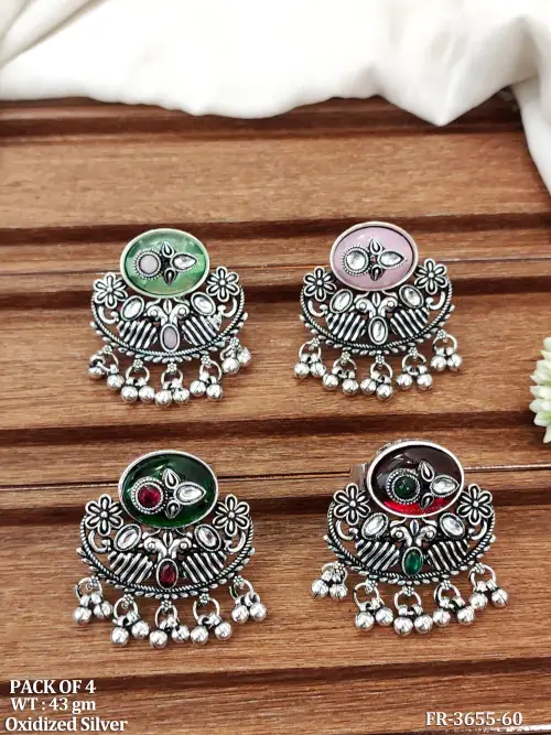 Traditional Oxidized Silver Floral Adjustable Finger Ring for Women