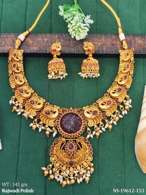 Rajwadi Finish Stone-Studded Necklace Set with Peacock Design in Ruby, photo 4 of 5