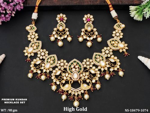 Wedding Wear Kundan Necklace Set with Pearls in Ruby Green, photo 4 of 6