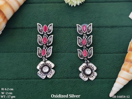 Oxidised Finish Leaf and Flower Drop Earrings in Ruby, photo 3 of 5