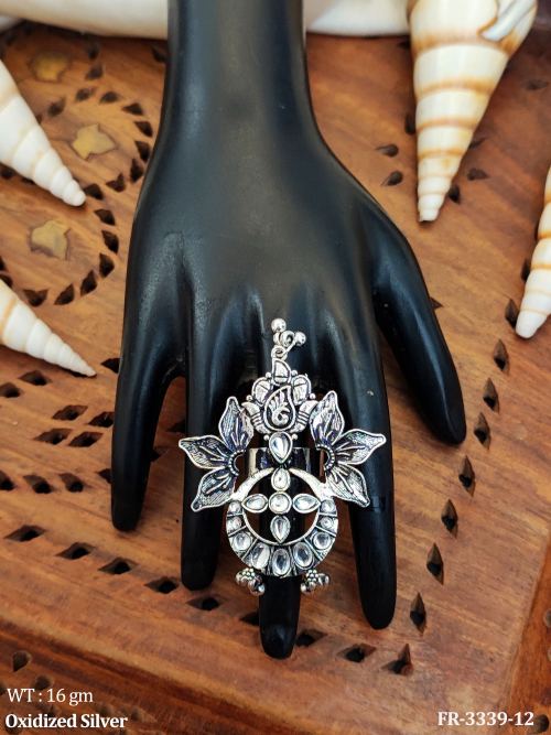 Oxidised Finish Antique Finger Ring for Women in White, photo 3 of 3