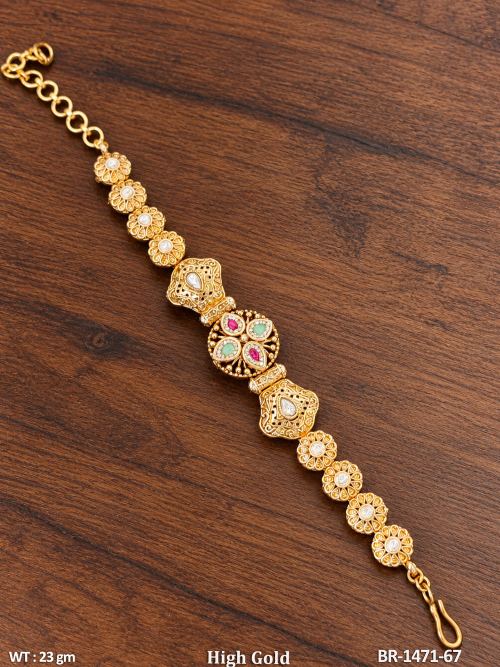 Antique Floral Bracelet with Stone Work in Mint Green Ruby, photo 4 of 5