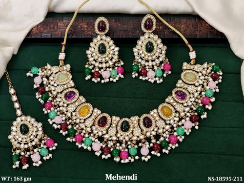 Kundan Pearl Necklace Set in Mehendi Finish in Multi, photo 2 of 4