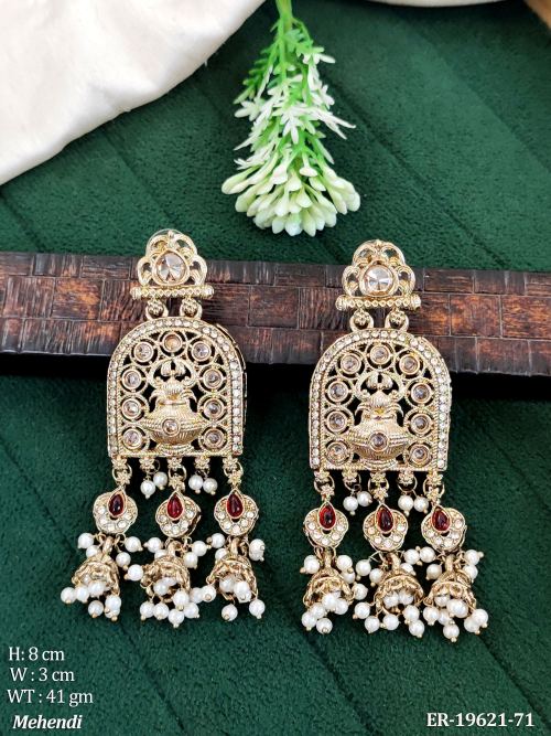 Traditional Stone-Studded Jhumka Earrings in Mehendi Finish in Ruby, photo 9 of 14