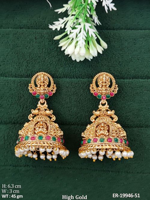 Stone-Studded Lakshmi Jhumka Earrings in Ruby Green Moti, photo 3 of 4