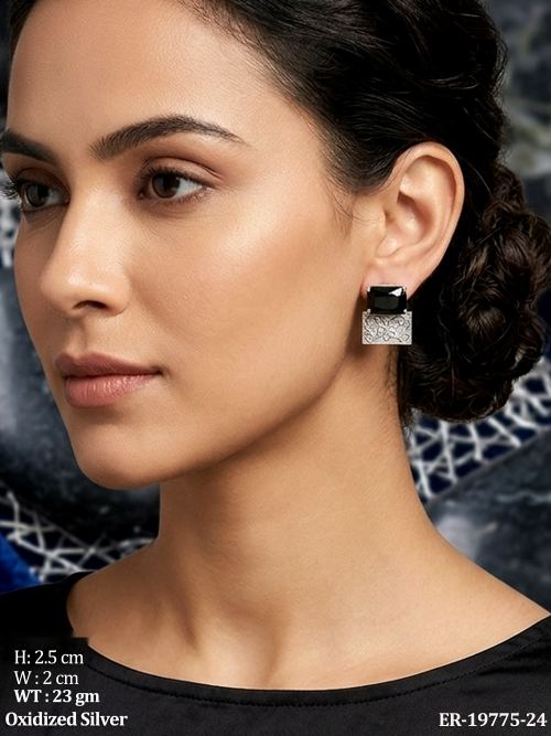 Square Stud Earrings with Stone Work in Oxidised Finish, photo 2 of 3