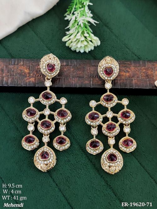 Long Antique Earrings with Stone Work in Mehendi Finish in Maroon, photo 5 of 9