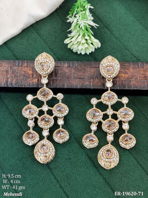 Long Antique Earrings with Stone Work in Mehendi Finish in Transparent Yellow, photo 8 of 9