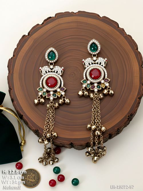 Earrings with Stone Work in Mehendi Finish in Multi, photo 6 of 9
