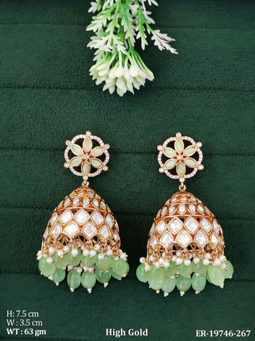 Kundan Stone-Studded Jhumkas in Mint Green, photo 3 of 4
