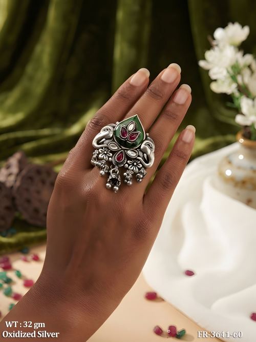 Oxidised Elephant Motif Finger Ring with Hanging Beads, photo 2 of 3