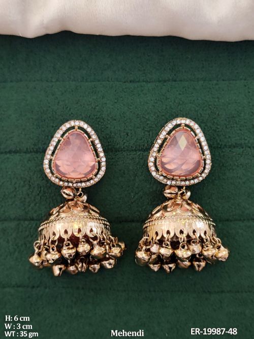 Antique Jhumka Earrings with Stone Work in Mehendi Finish in Pink, photo 2 of 4