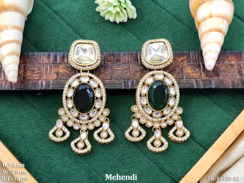 Kundan Stone-Studded Earrings in Mehendi Finish