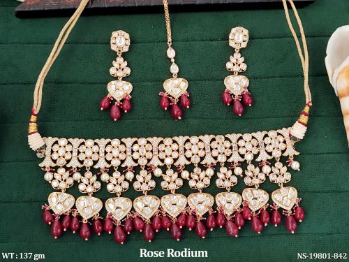 Ethnic Stone-Studded Necklace Set in Rose Finish in Ruby, photo 2 of 4