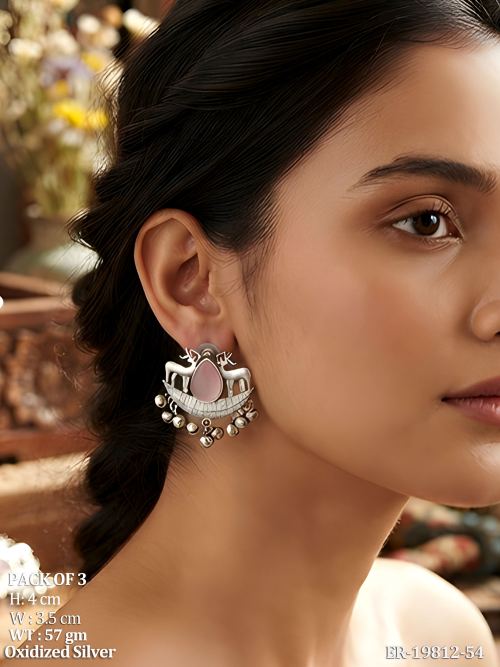 Traditional Deer Motif Stone-Studded Earrings in Oxidised Finish