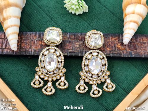 Kundan Stone-Studded Earrings in Mehendi Finish in White, photo 2 of 3