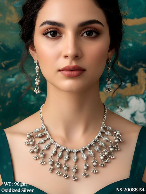 Oxidised Finish Stone-Studded Necklace Set with Earrings for Women