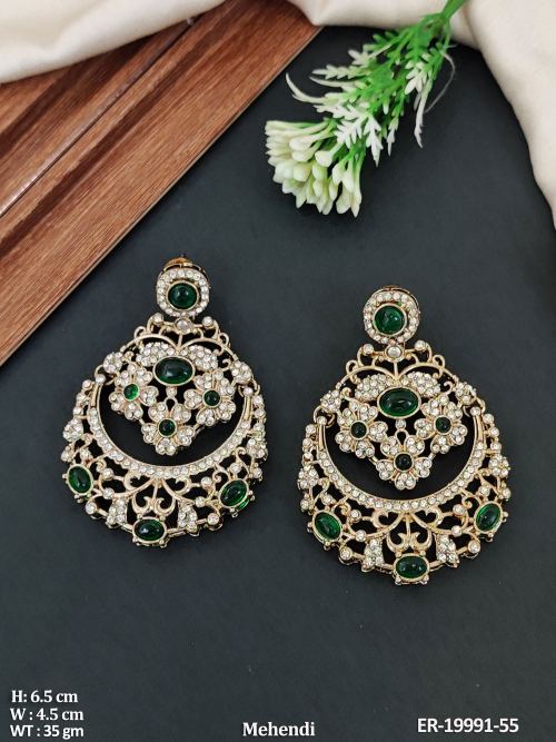 Mehendi Finish Stone-Studded Chandbali Earrings in Green, photo 3 of 8