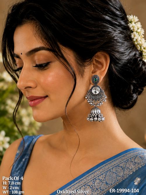 Oxidised Finish Stone-Studded Jhumki Earrings Set of 4