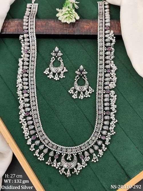 Traditional Necklace Set with Earrings in Oxidised Finish in Ruby, photo 2 of 5